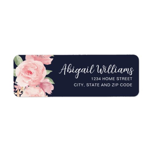 Navy Blue Blush Pink Watercolor Roses Address Label