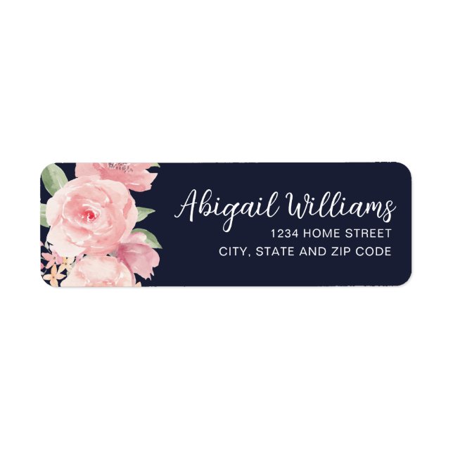 Navy Blue Blush Pink Watercolor Roses Address Label (Front)