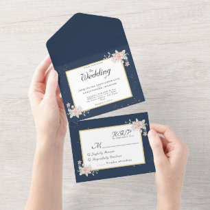 Navy Blue Blush Pink Wedding All In One Invitation