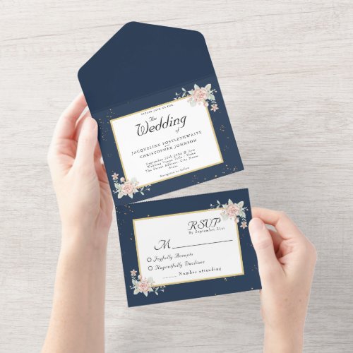  Navy Blue Blush Pink Wedding  All In One Invitation