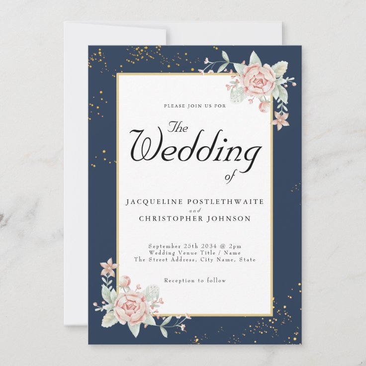 Navy Blue Blush Pink Wedding Invitation | Zazzle