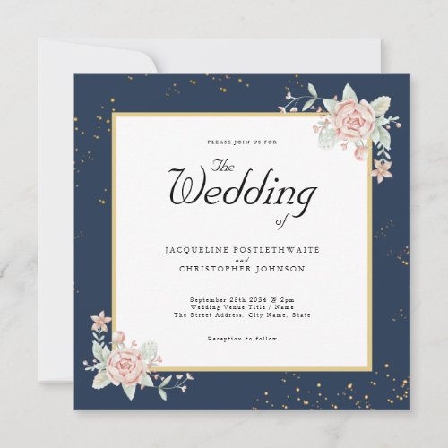 Navy Blue Blush Pink Wedding Invitation