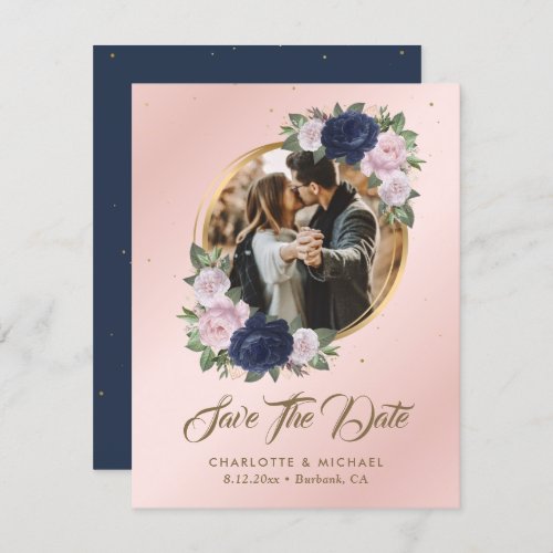 Navy Blue Blush Pink Wedding Photo Save The Date Announcement