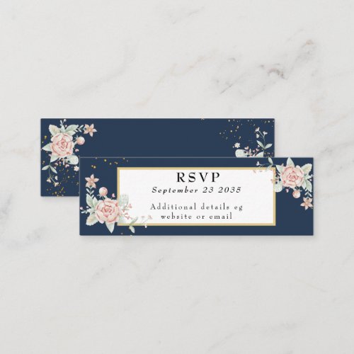 Navy Blue Blush Pink Wedding RSVP  Mini Business Card