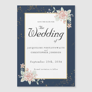 Navy Blue Blush Pink Wedding Save The Date Magnetic Invitation