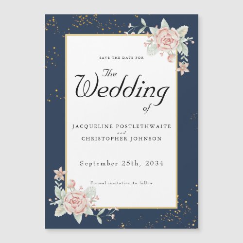 Navy Blue Blush Pink Wedding Save The Date Magnetic Invitation
