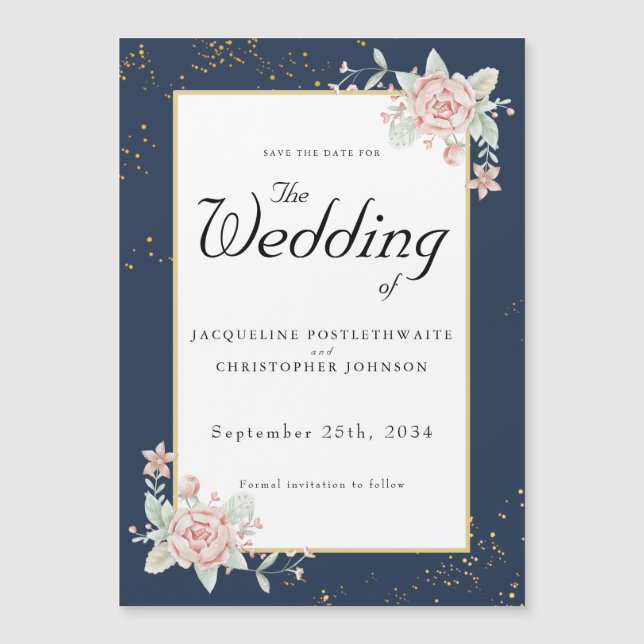Navy Blue Blush Pink Wedding Save The Date Magnetic Invitation (Front)