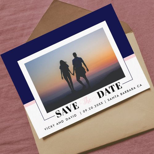 Navy blue blush pink wedding Save the Date photo Postcard