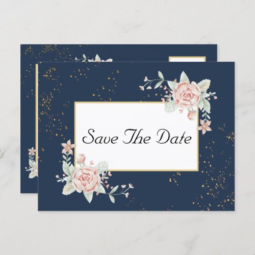 Navy Blue Blush Pink Wedding Save The Date Postcard