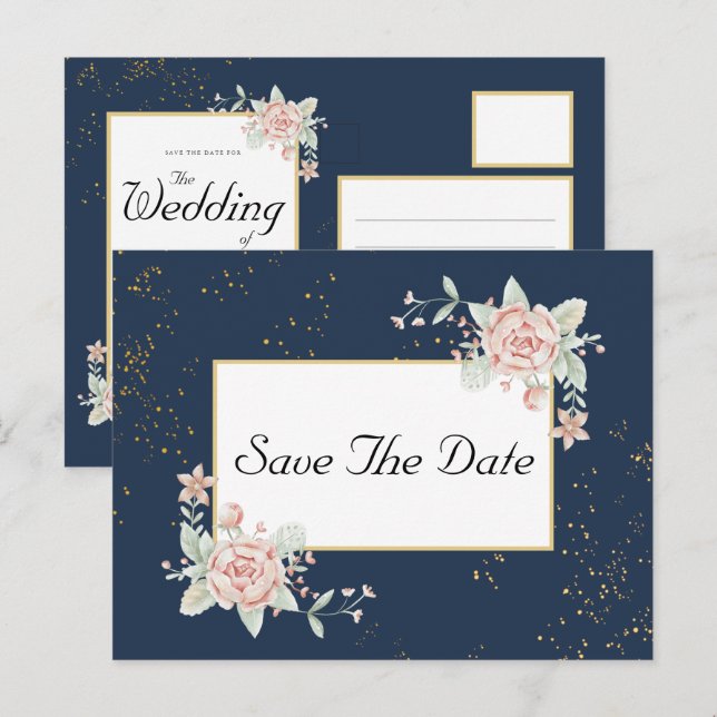 Navy Blue Blush Pink Wedding Save The Date Postcard (Front/Back)