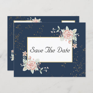 Navy Blue Blush Pink Wedding Save The Date Postcard