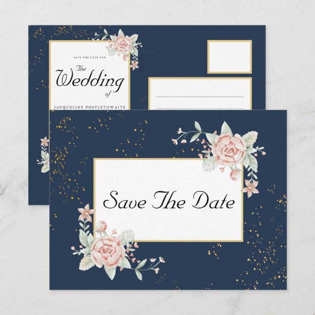 Navy Blue Blush Pink Wedding Save The Date Postcard (Front/Back)