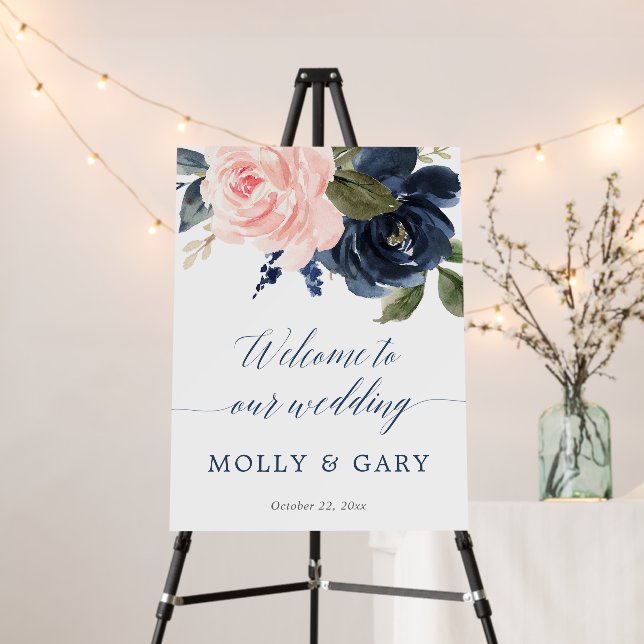 Navy blue blush pink wedding welcome sign (In Situ (Stand))