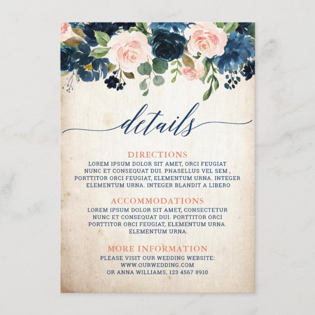 Navy Blue Blush Rose Boho Rustic Wedding Details Enclosure Card (Front)