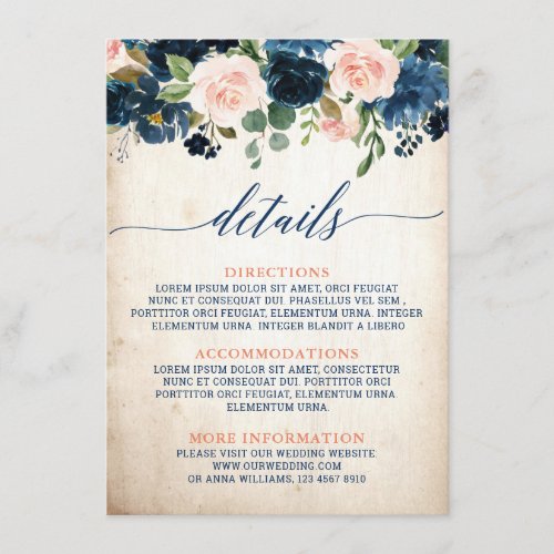 Navy Blue Blush Rose Boho Rustic Wedding Details Enclosure Card