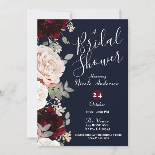 Navy Blue Blush Rose Burgundy Floral Bridal Shower Invitation