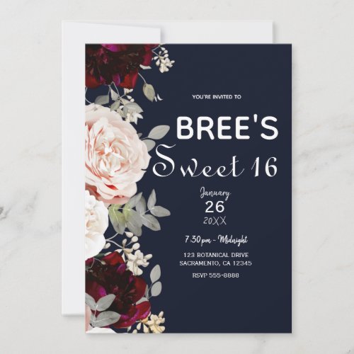 Navy Blue Blush Rose  Burgundy Floral Sweet 16 Invitation