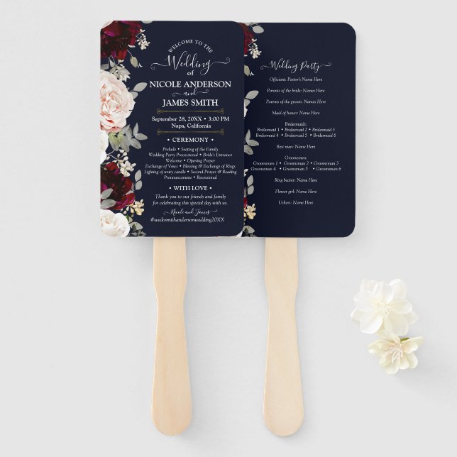 Navy Blue Blush Rose & Burgundy Floral Wedding Hand Fan (Front and Back)