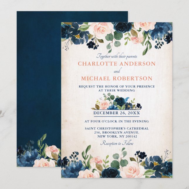 Navy Blue Blush Rose Floral Rustic Country Wedding Invitation (Front/Back)