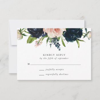 Navy Blue & Blush Rose Floral Wedding Rsvp Card by oddowl at Zazzle