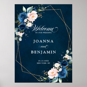 Navy Blue Blush Rose Geometric Wedding Welcome Pos Poster
