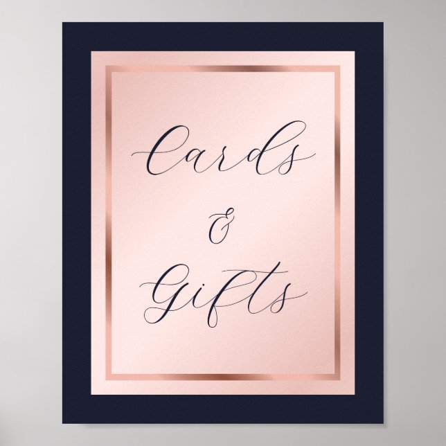 Navy Blue Blush Rose Gold Cards and Gifts Sign (Front)