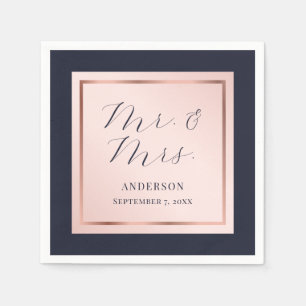 Navy Blue Blush Rose Gold Elegant Script Wedding Napkins