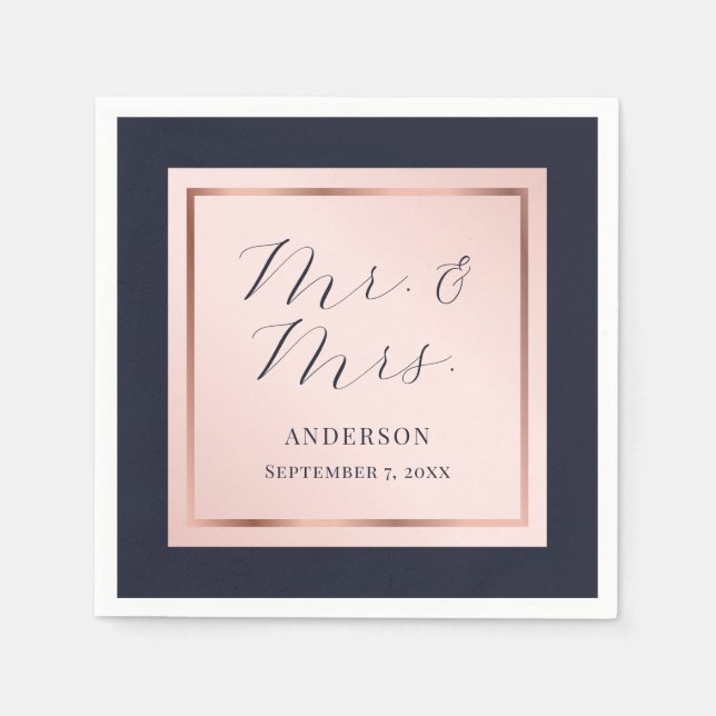 Navy Blue Blush Rose Gold Elegant Script Wedding Napkins (Front)