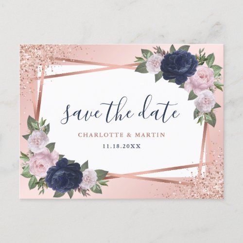 Navy Blue Blush Rose Gold Floral Geometric Wedding Announcement Postcard