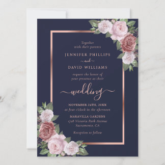 Navy Blue Blush Rose Gold Floral Wedding Invitation