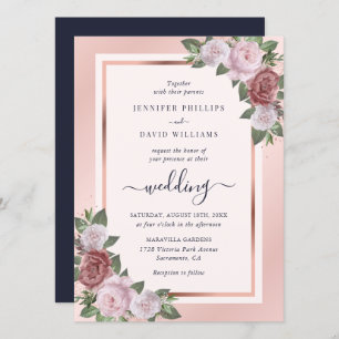 Navy Blue Blush Rose Gold Floral Wedding Invitation
