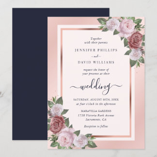 Navy Blue Blush Rose Gold Floral Wedding Invitation