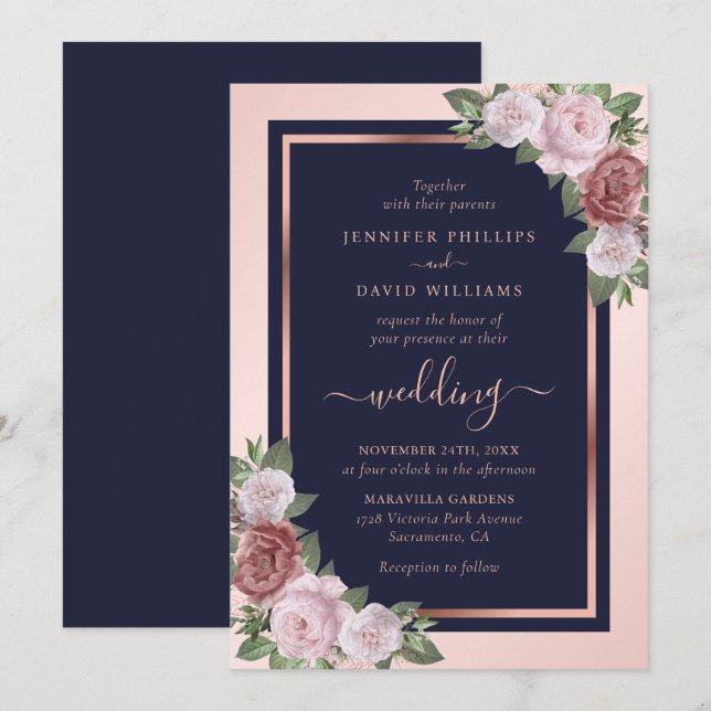 Navy Blue Blush Rose Gold Floral Wedding Invitation (Front/Back)