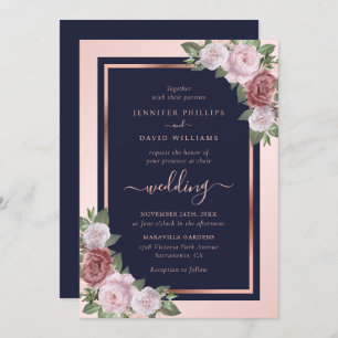 Navy Blue Blush Rose Gold Floral Wedding Invitation