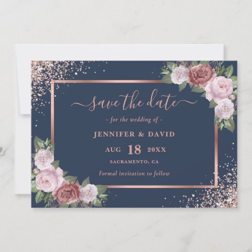 Navy Blue Blush Rose Gold Glitter Floral Wedding Save The Date