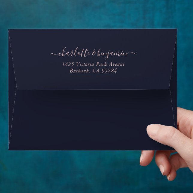 Navy Blue Blush Rose Gold Wedding Return Address Envelope (Hand)