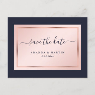 Navy Blue Blush Rose Gold Wedding Save The Date Announcement Postcard