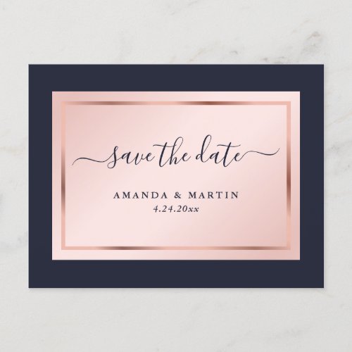 Navy Blue Blush Rose Gold Wedding Save The Date Announcement Postcard