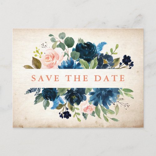Navy Blue Blush Rose Rustic Boho Save the Date Announcement Postcard