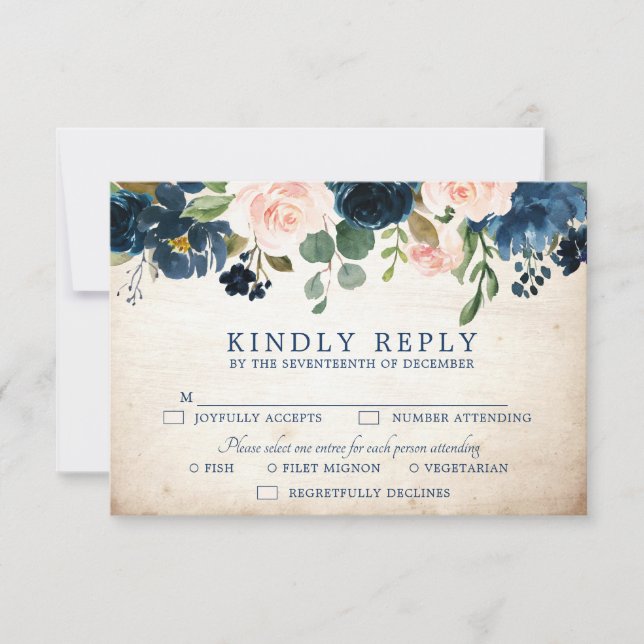Navy Blue Blush Rose Rustic Country Botanical RSVP Card (Front)