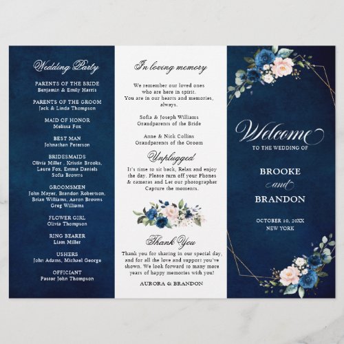 Navy Blue Blush Rose Trifold Wedding Program
