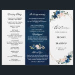 Navy Blue Blush Rose Trifold Wedding Program<br><div class="desc">Elegant and modern floral midsummer wedding tri fold program features a bouquet of watercolor roses in shades of Navy Blue, dusty pink , sage with lush green botanical leaves and eucalyptus. Please find more matching designs and variations from my "blissweddingpaperie" store. And feel free to contact me for further customization...</div>