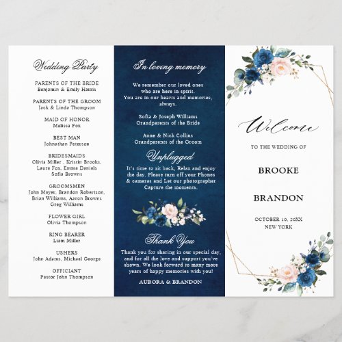 Navy Blue Blush Rose Trifold Wedding Program