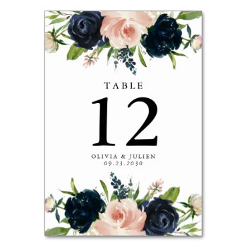 Navy Blue & Blush Rose Wedding Table Number by oddowl at Zazzle