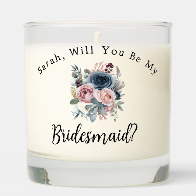 Navy Blue Blush Rose Will You Be My Bridesmaid Scented Candle (Front)