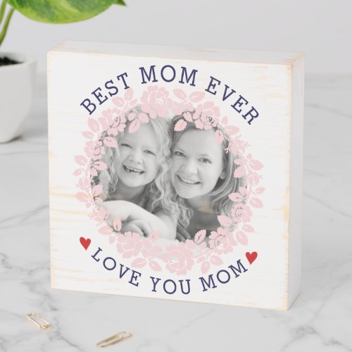 Navy blue blush rose wreath Mothers Day photo Wooden Box Sign