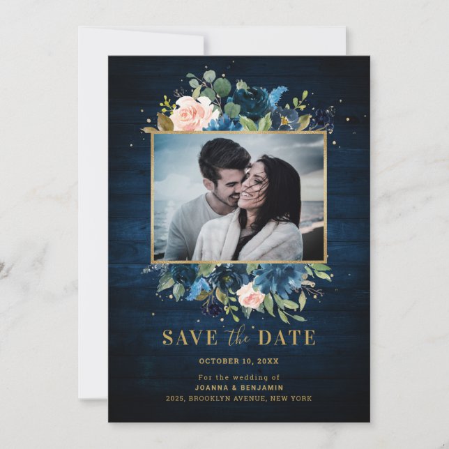 Navy Blue Blush Rustic Country Botanical Photo Save The Date (Front)