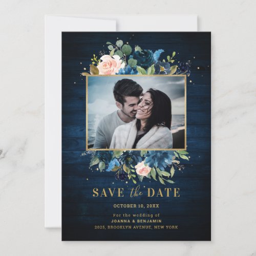 Navy Blue Blush Rustic Country Botanical Photo Save The Date