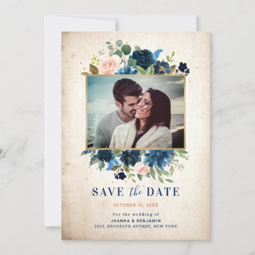 Navy Blue Blush Rustic Country Botanical Photo Save The Date