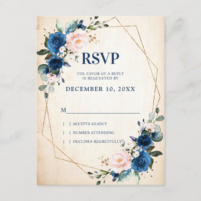 Navy Blue Blush Rustic Country Geometric RSVP Postcard (Front)